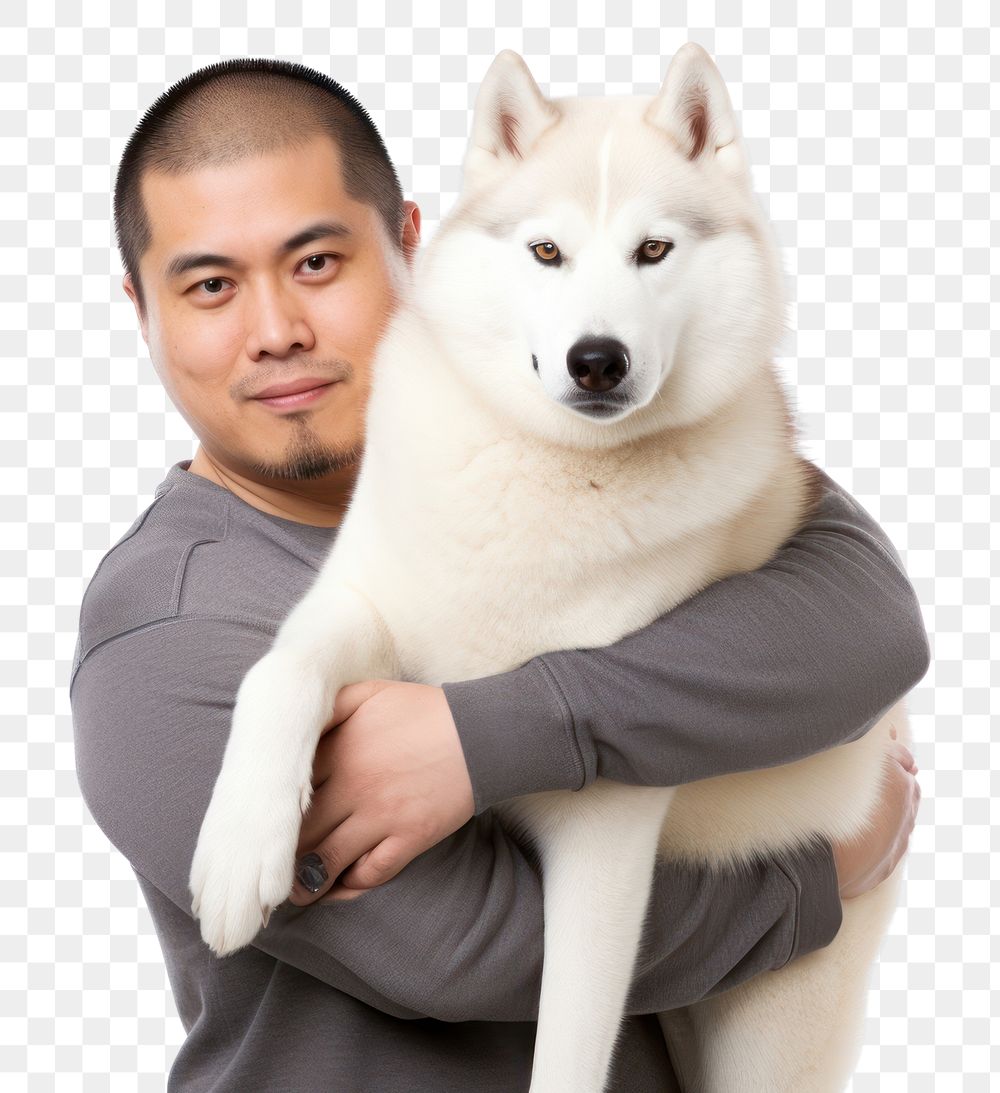PNG  Asian middle age man hugging siberian husky pet mammal animal. AI generated Image by rawpixel.