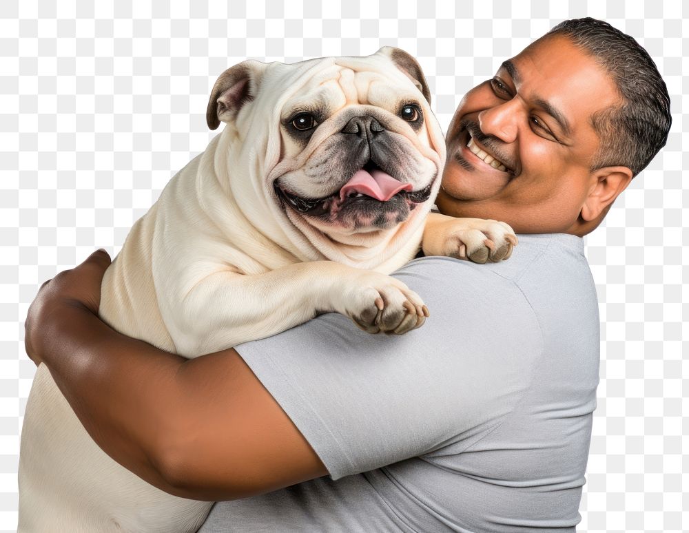 PNG  Indian middle age chubby man hugging bulldog pet mammal animal. AI generated Image by rawpixel.