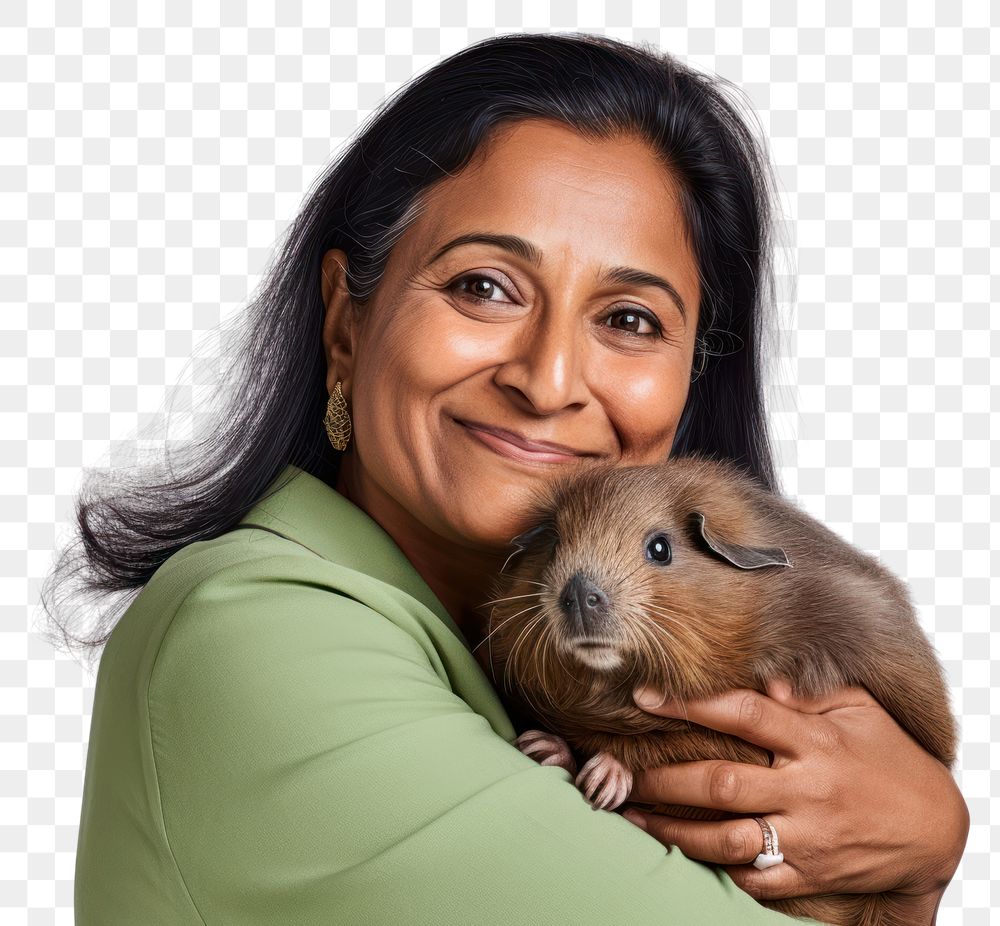 PNG  Indian middle age woman hugging guinea pig portrait looking animal. AI generated Image by rawpixel.