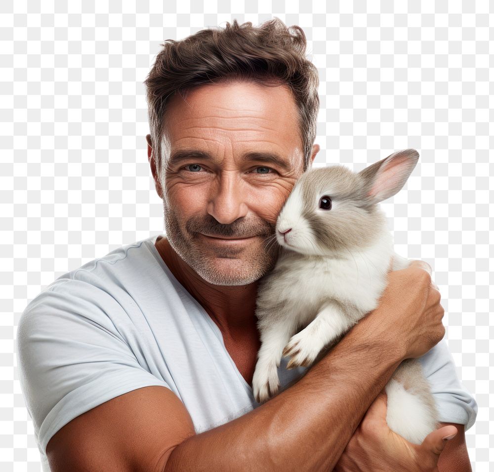PNG  Spainish middle age man hugging rabbit portrait mammal animal. AI generated Image by rawpixel.