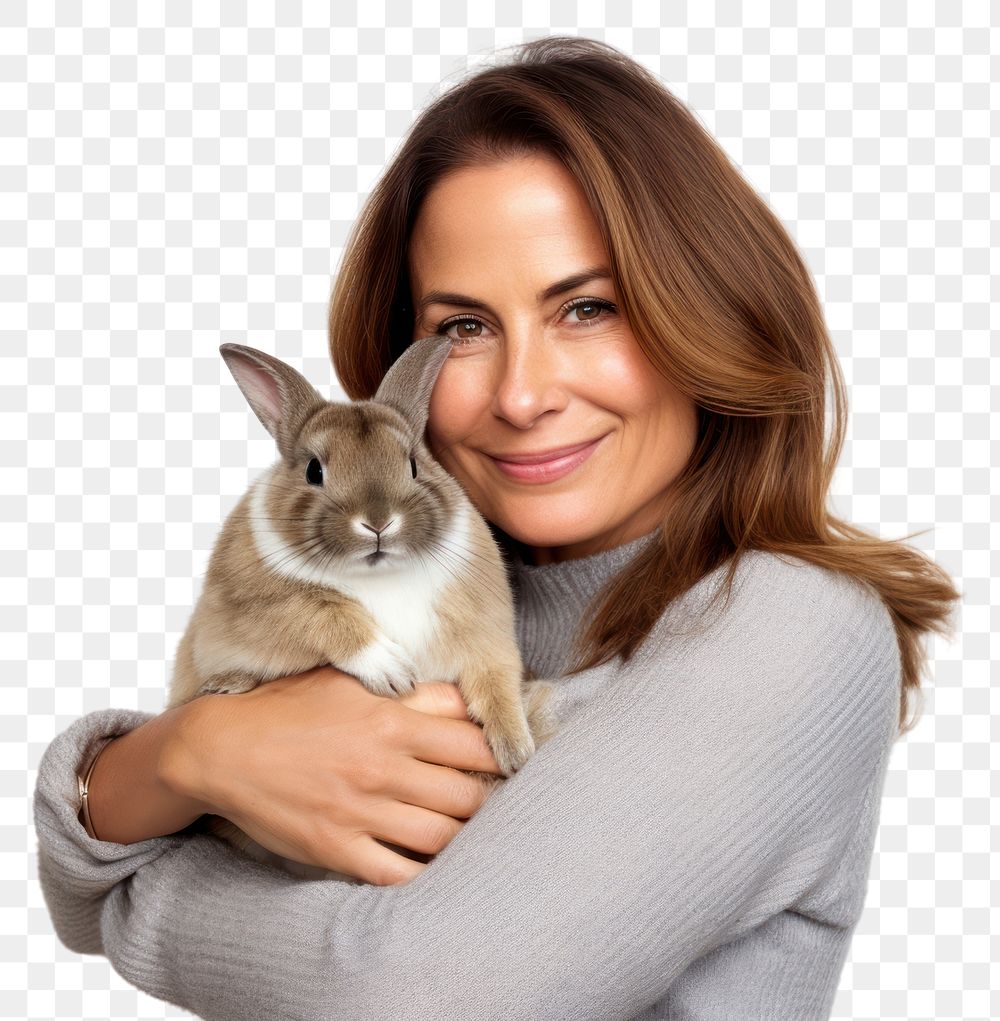 PNG  Spainish middle age woman hugging rabbit portrait animal mammal. AI generated Image by rawpixel.