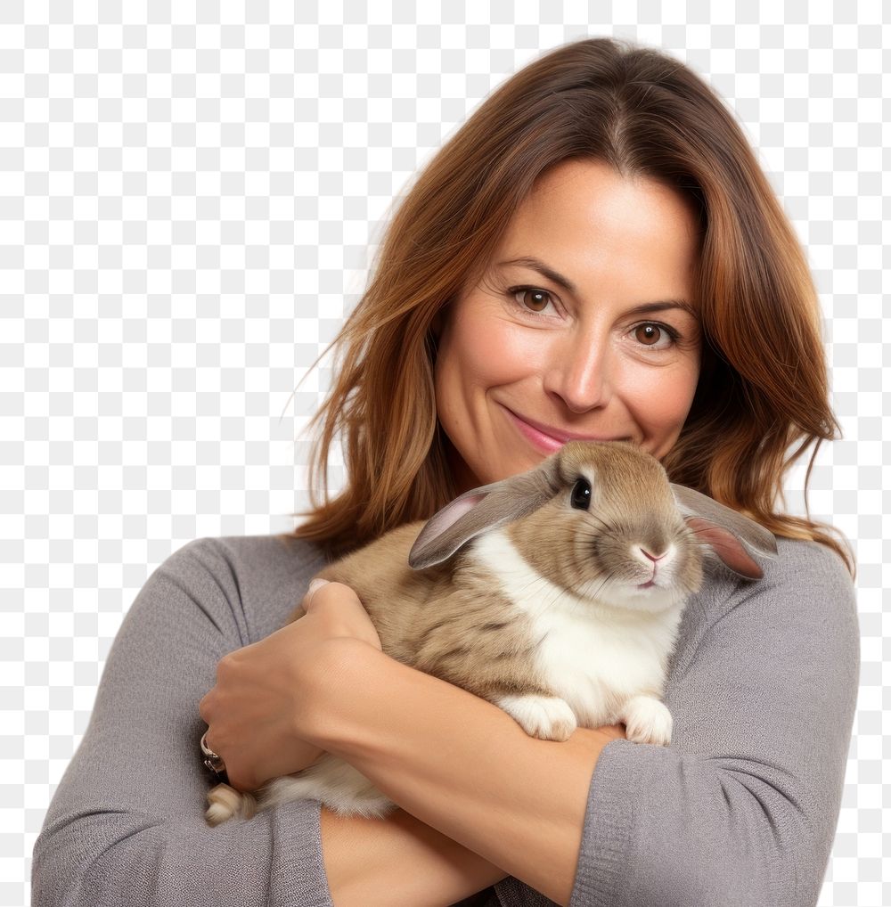 PNG  Spainish middle age woman hugging rabbit portrait mammal animal. AI generated Image by rawpixel.