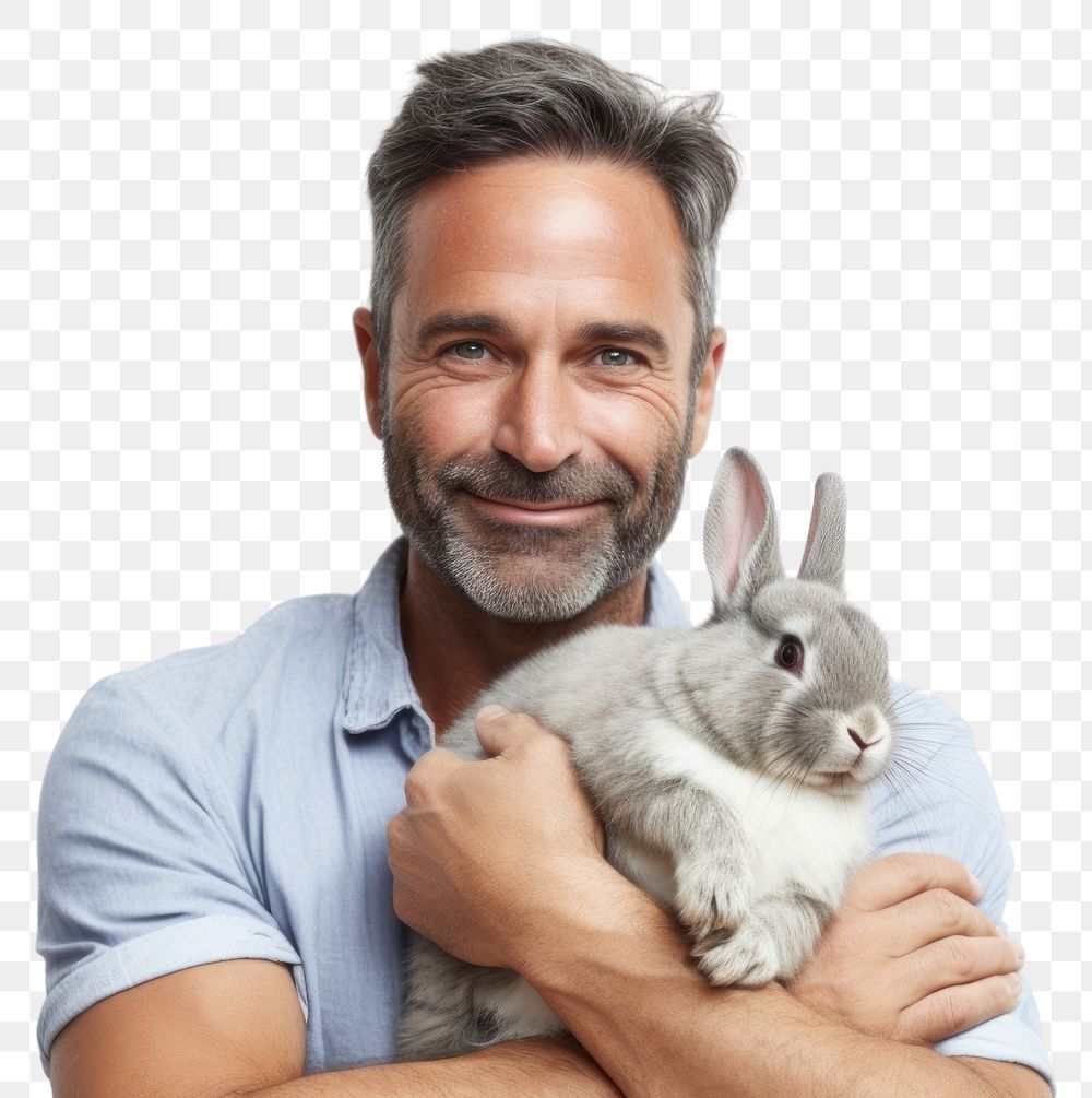 PNG  Spainish middle age man hugging rabbit animal mammal person. AI generated Image by rawpixel.