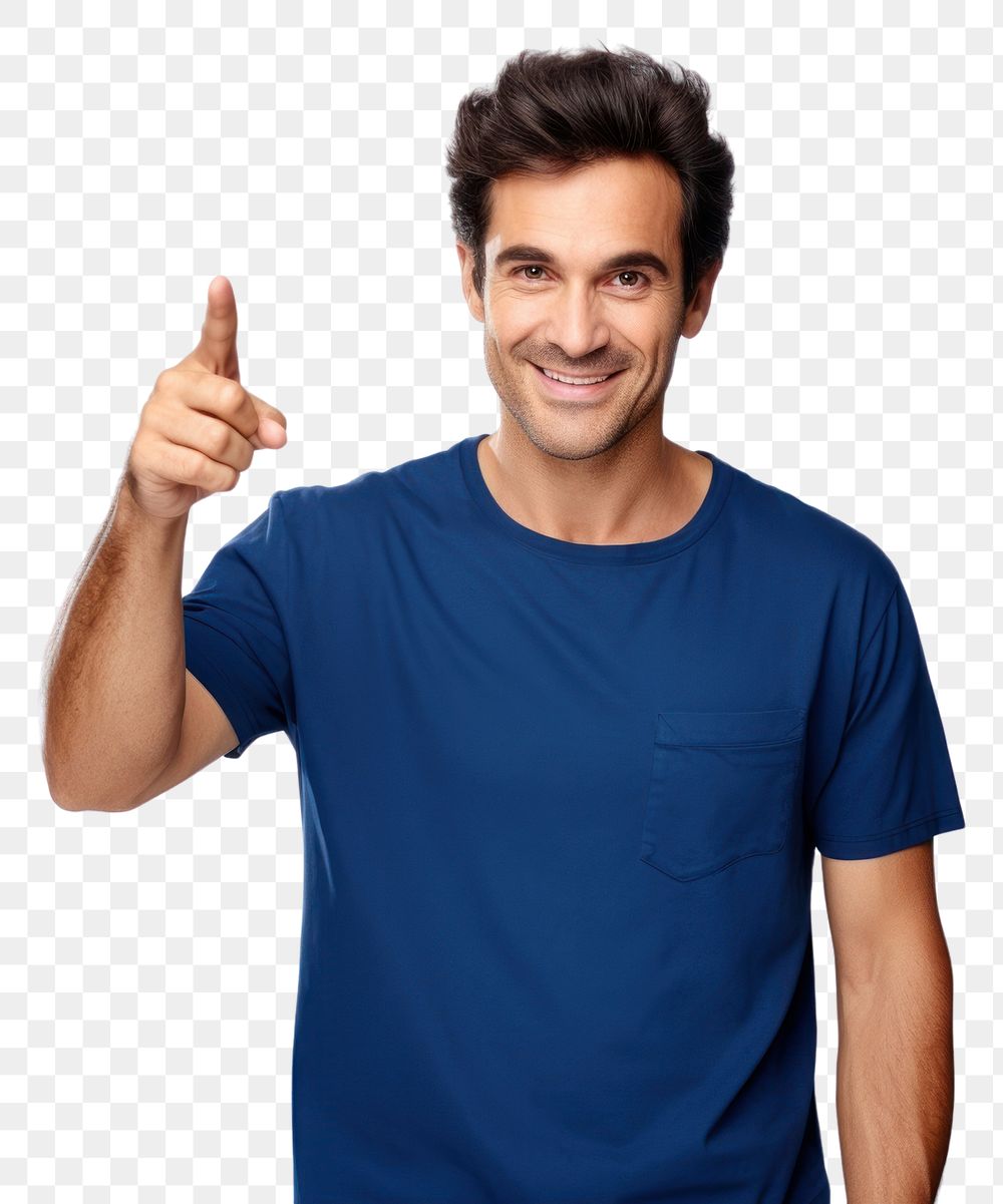 PNG Pointing with his finger t-shirt portrait smile. AI generated Image by rawpixel.