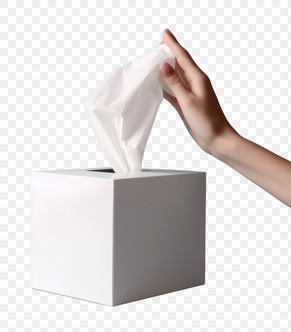 PNG Tissue box with hand pulling napkin out holding tissue white