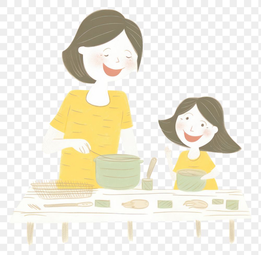 PNG Girl and mother cooking food drawing sketch adult. AI generated Image by rawpixel.