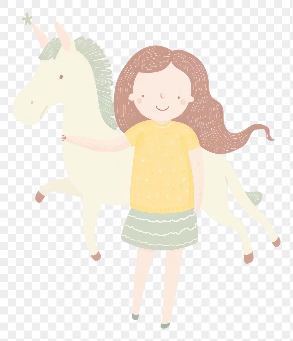 PNG Girl character holding a unicorn doll drawing animal mammal. AI generated Image by rawpixel.