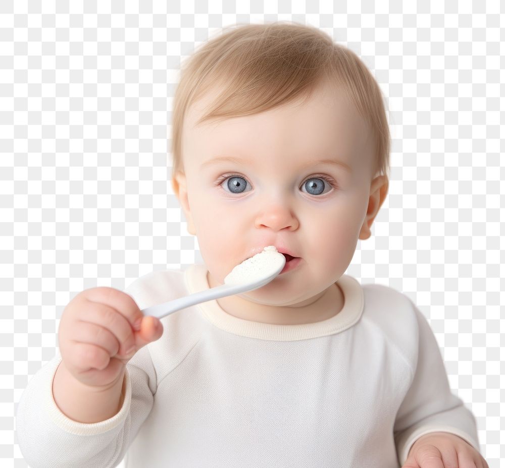PNG  Baby eats porridge spoon toothbrush innocence babyhood. AI generated Image by rawpixel.