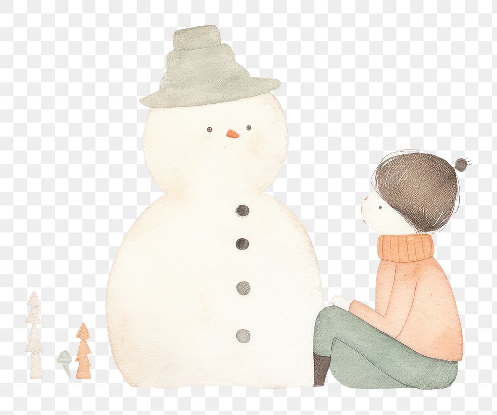 PNG Girl character sitting and building snow man snowman winter anthropomorphic. AI generated Image by rawpixel.