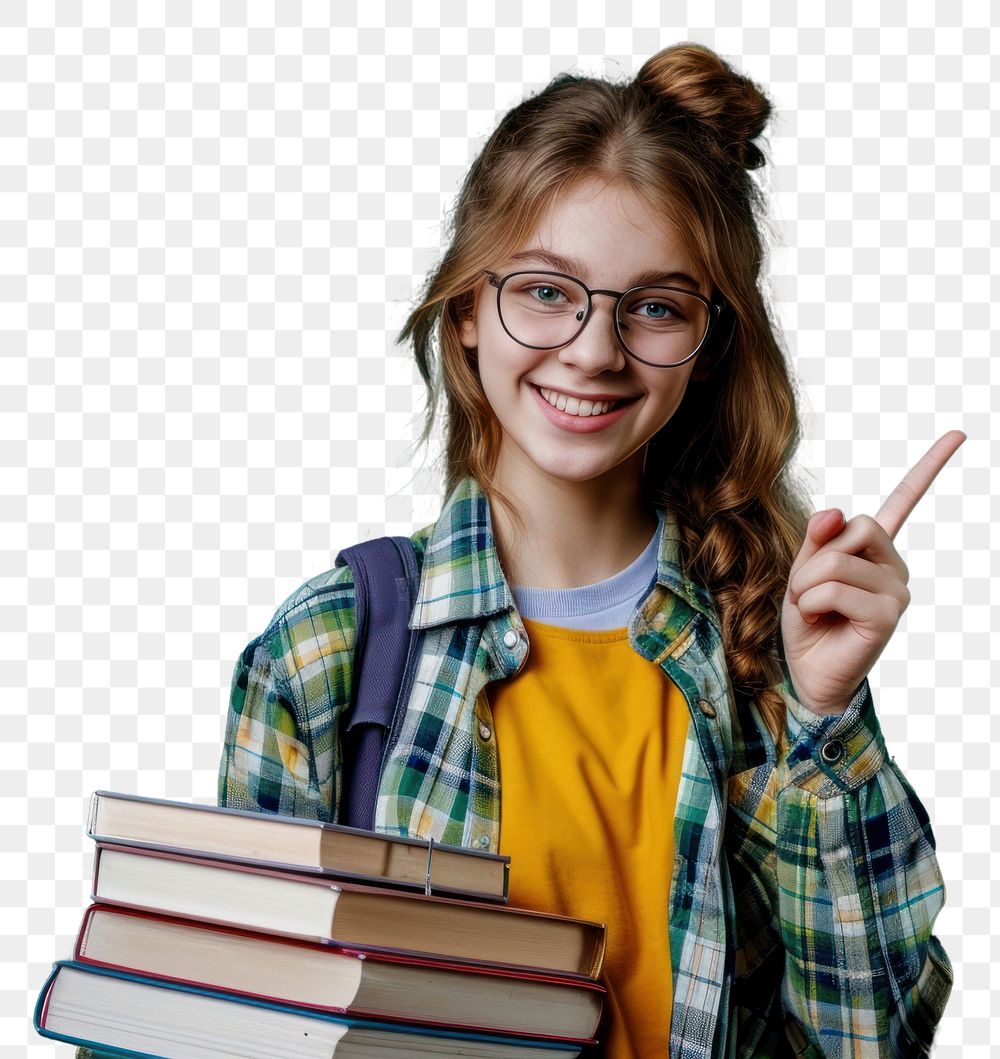 PNG  Teen student glasses smile book. AI generated Image by rawpixel.