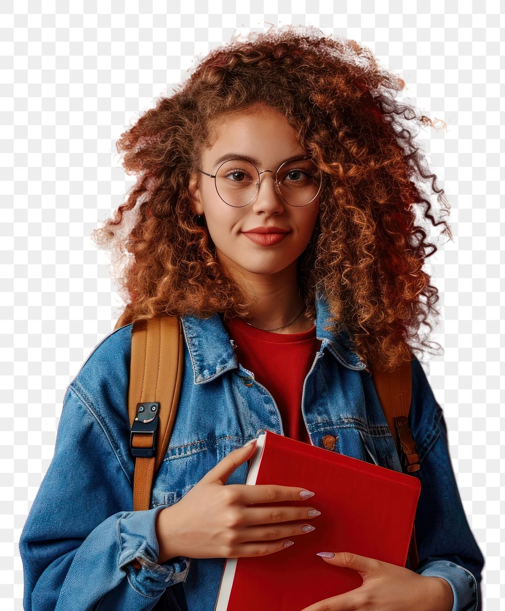PNG  Student woman wearing backpack glasses holding red