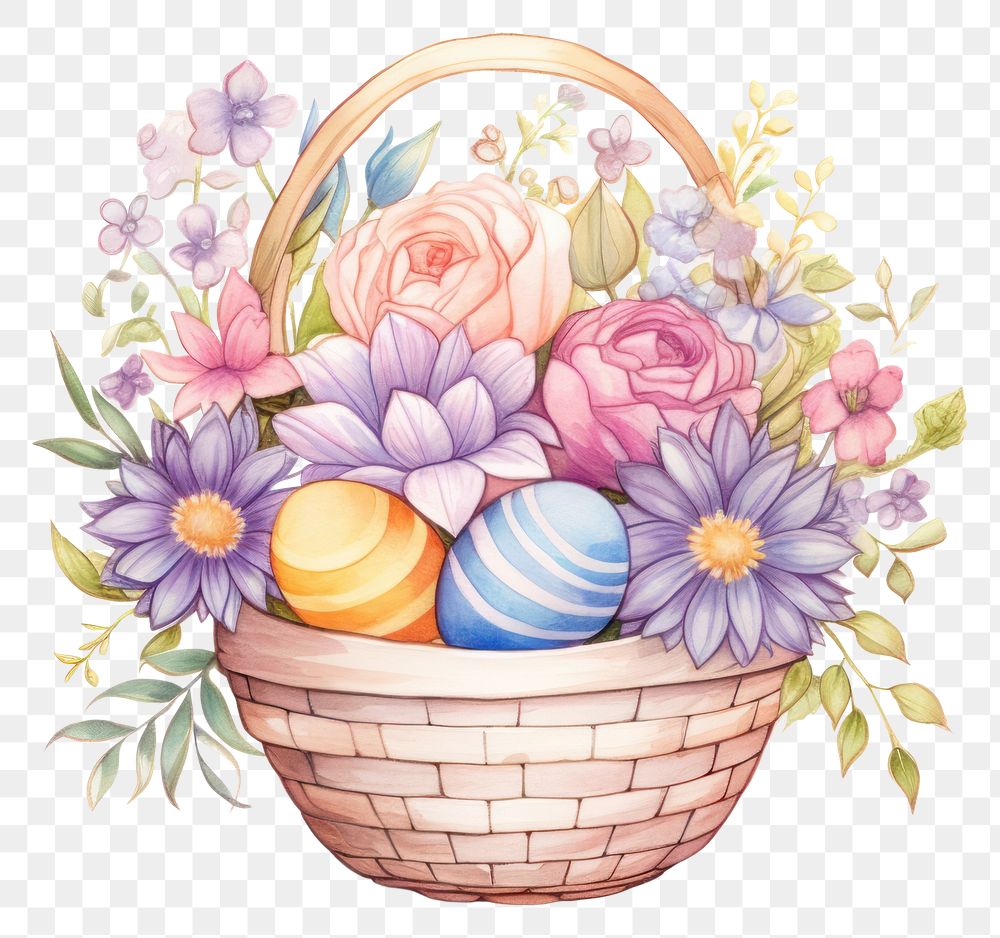 PNG Easter egg basket drawing flower plant. AI generated Image by rawpixel.