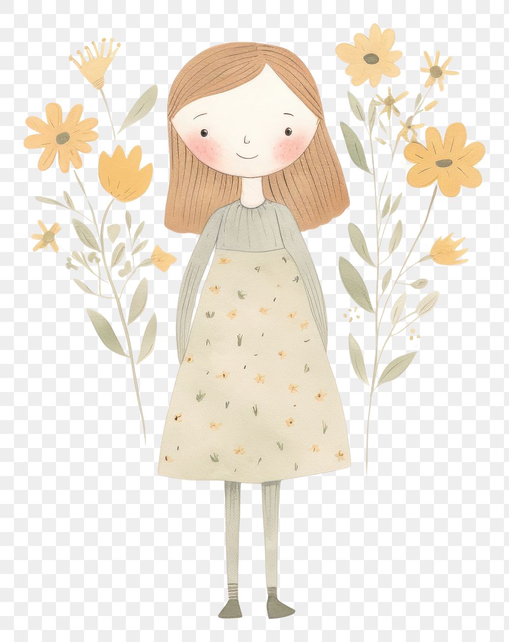 PNG Girl character holding flowers pattern child representation