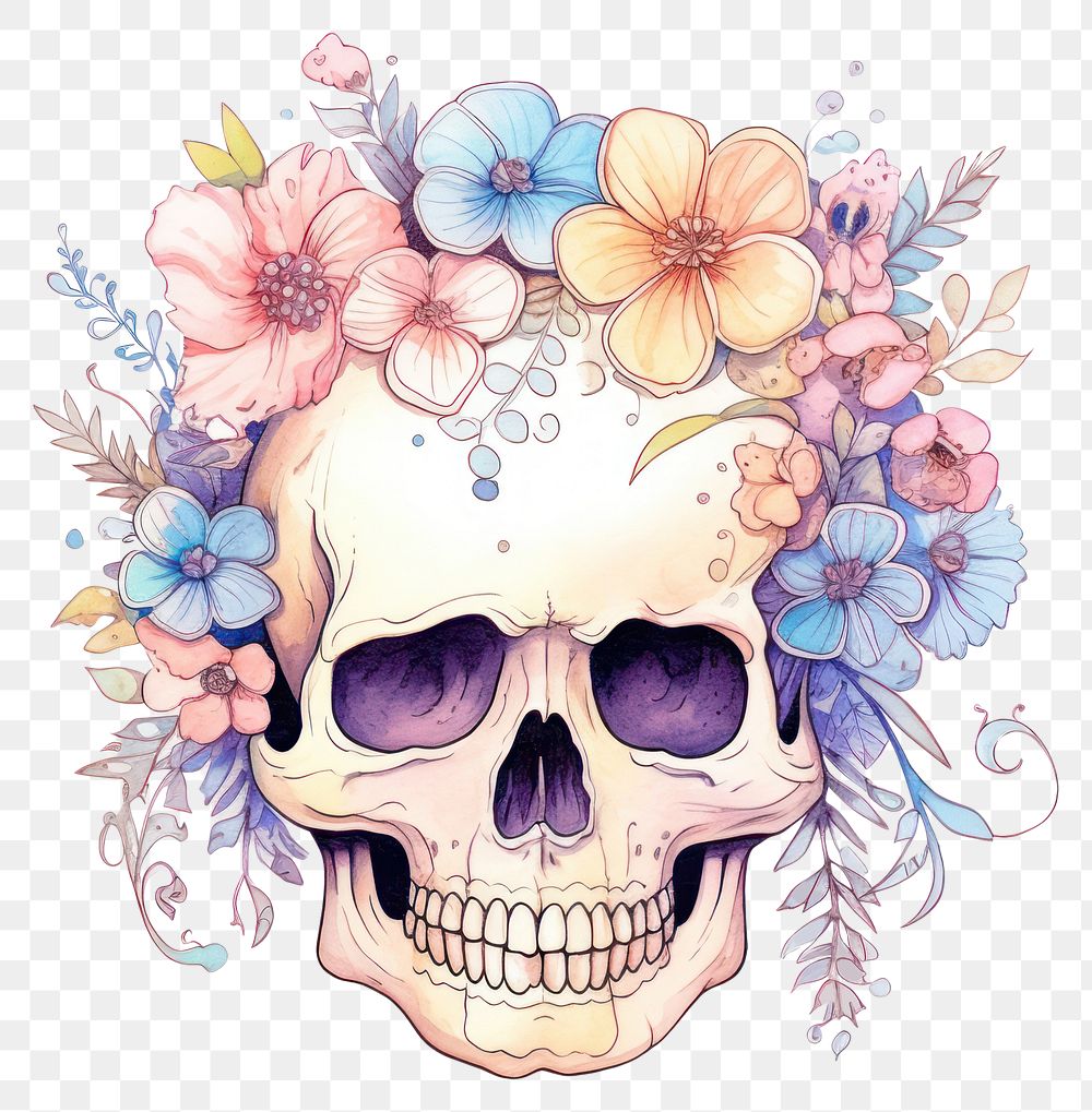 PNG Skull with flowers drawing pattern sketch. AI generated Image by rawpixel.