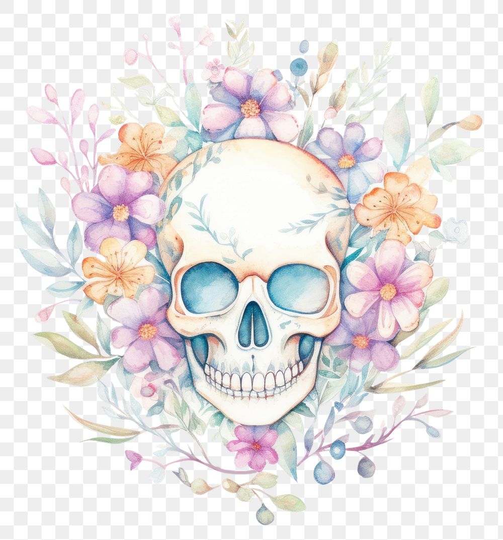 PNG Skull with flowers drawing painting pattern. AI generated Image by rawpixel.