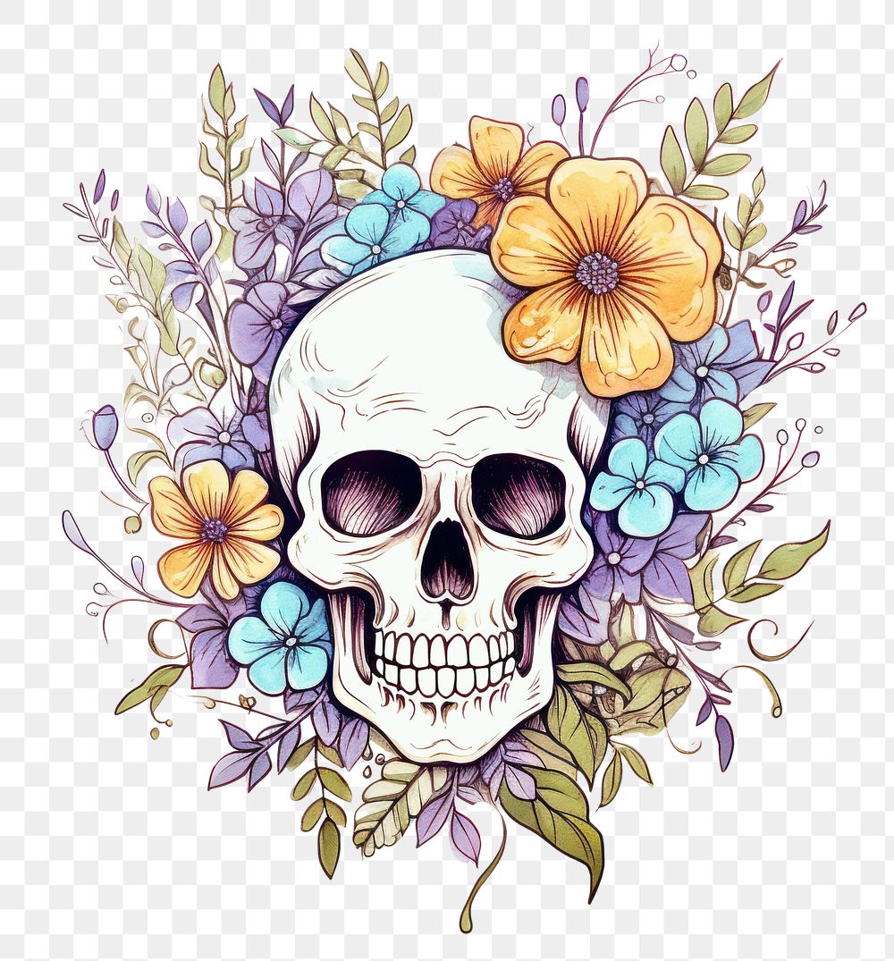 PNG Skull with flowers drawing pattern sketch. AI generated Image by rawpixel.