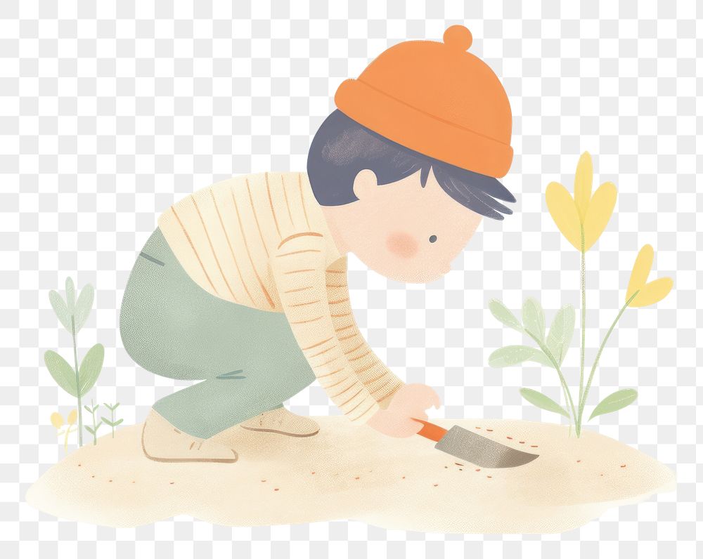 PNG Boy character gardening kneeling outdoors nature. AI generated Image by rawpixel.