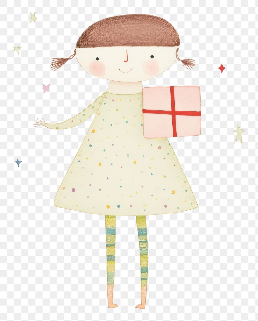 PNG Girl character holding gift box pattern art celebration. AI generated Image by rawpixel.