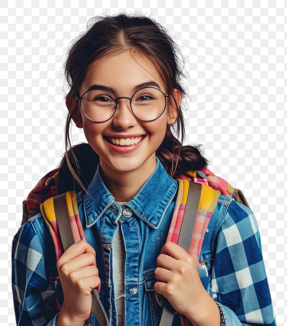PNG  Cute young student girl laughing portrait glasses. AI generated Image by rawpixel.