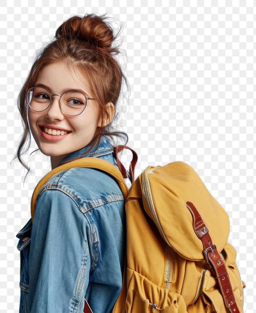 PNG  Cute young student girl backpack glasses portrait