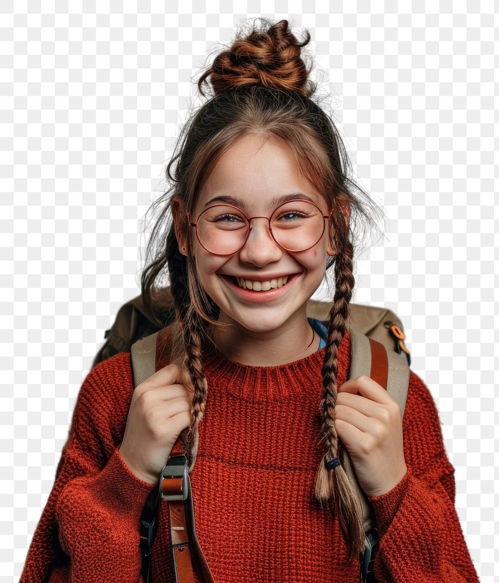 PNG  Cute young student girl portrait laughing glasses. AI generated Image by rawpixel.