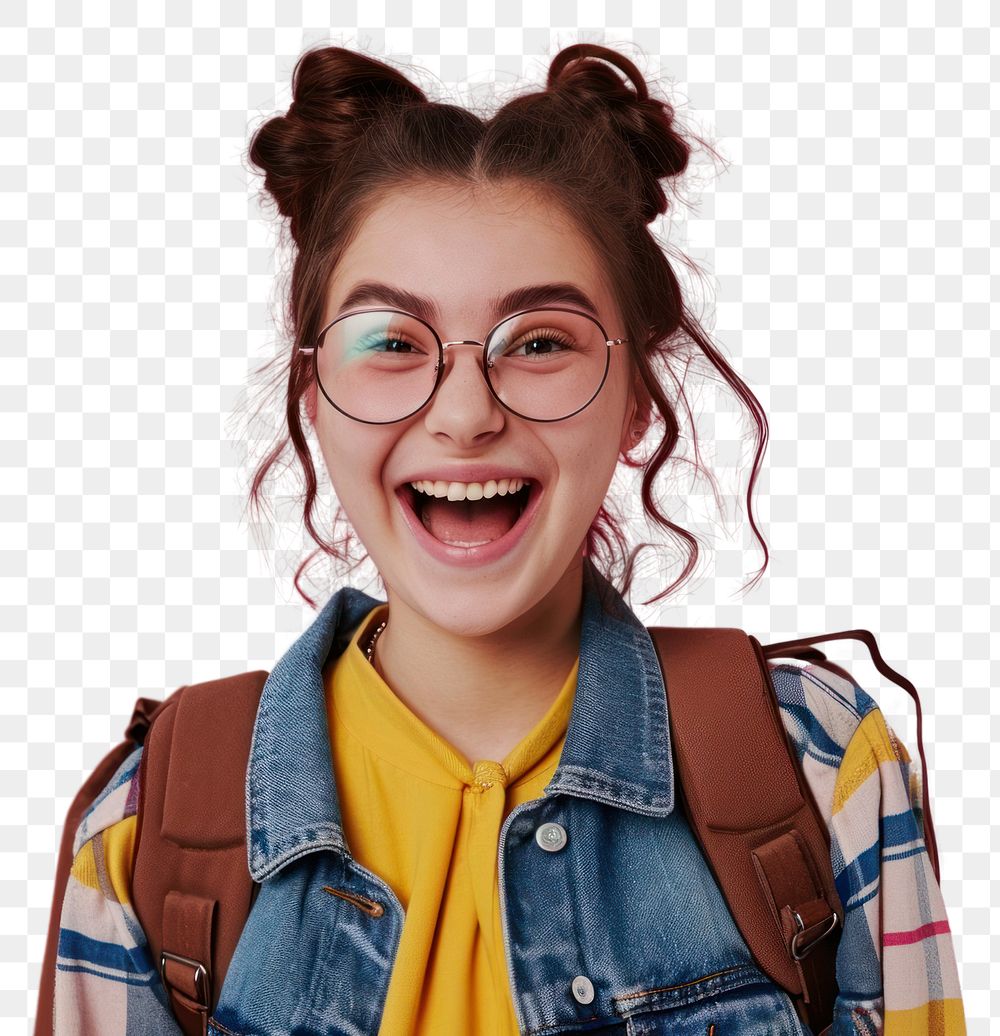 PNG  Cute young student girl glasses laughing portrait. AI generated Image by rawpixel.
