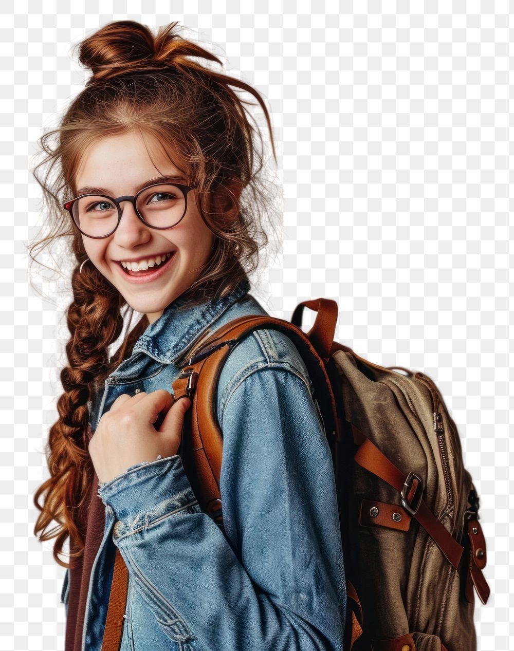 PNG  Cute young student girl glasses laughing portrait