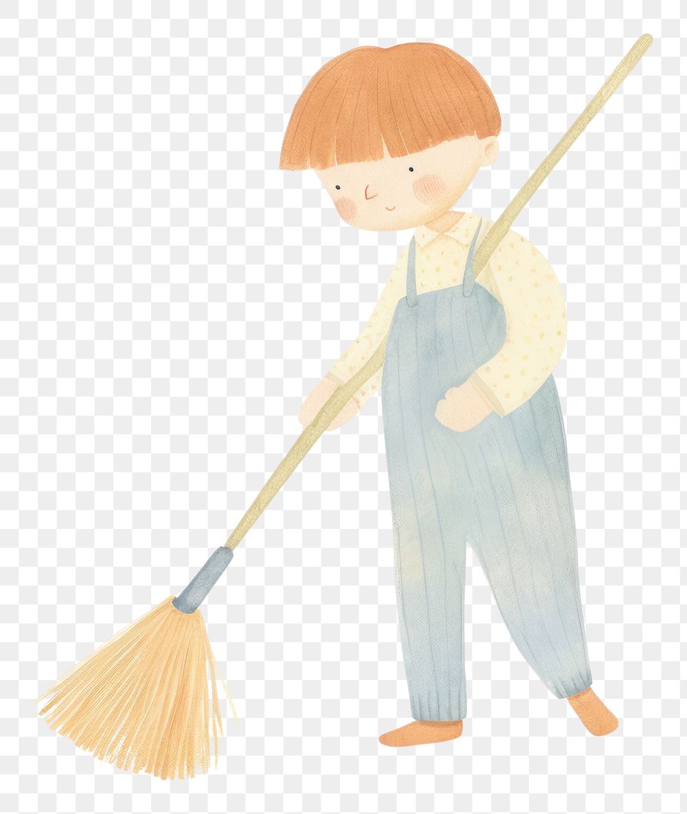 PNG Kid character holding broomstick cleaning white background cleanliness. AI generated Image by rawpixel.