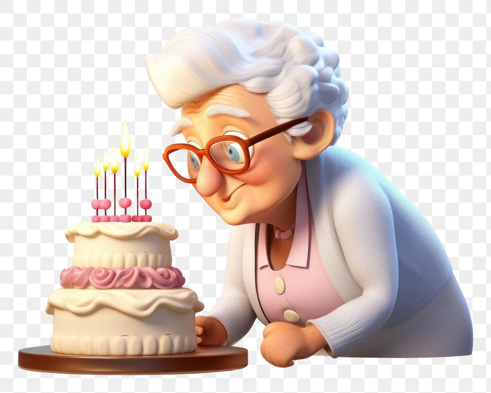 PNG Grandma blowing cake birthday dessert glasses. AI generated Image by rawpixel.