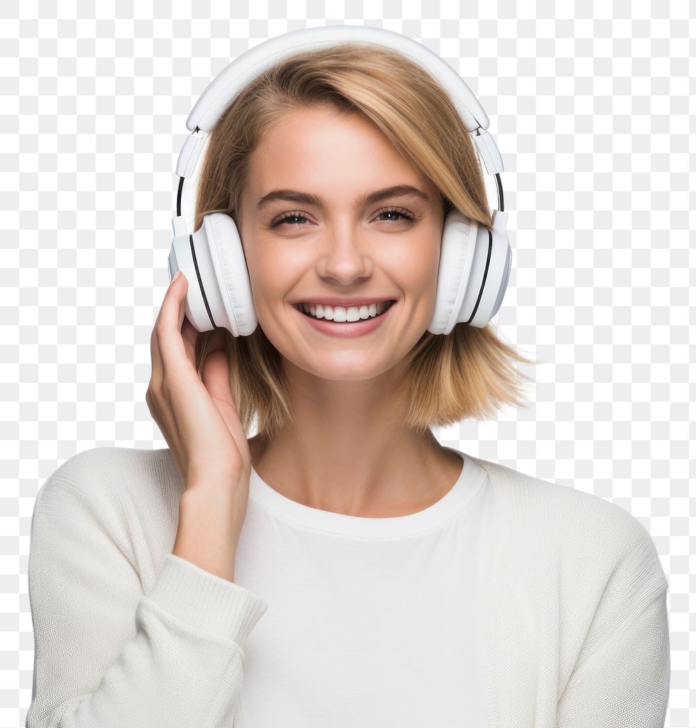 PNG  Woman wearing headphones holding phone portrait headset adult. AI generated Image by rawpixel.