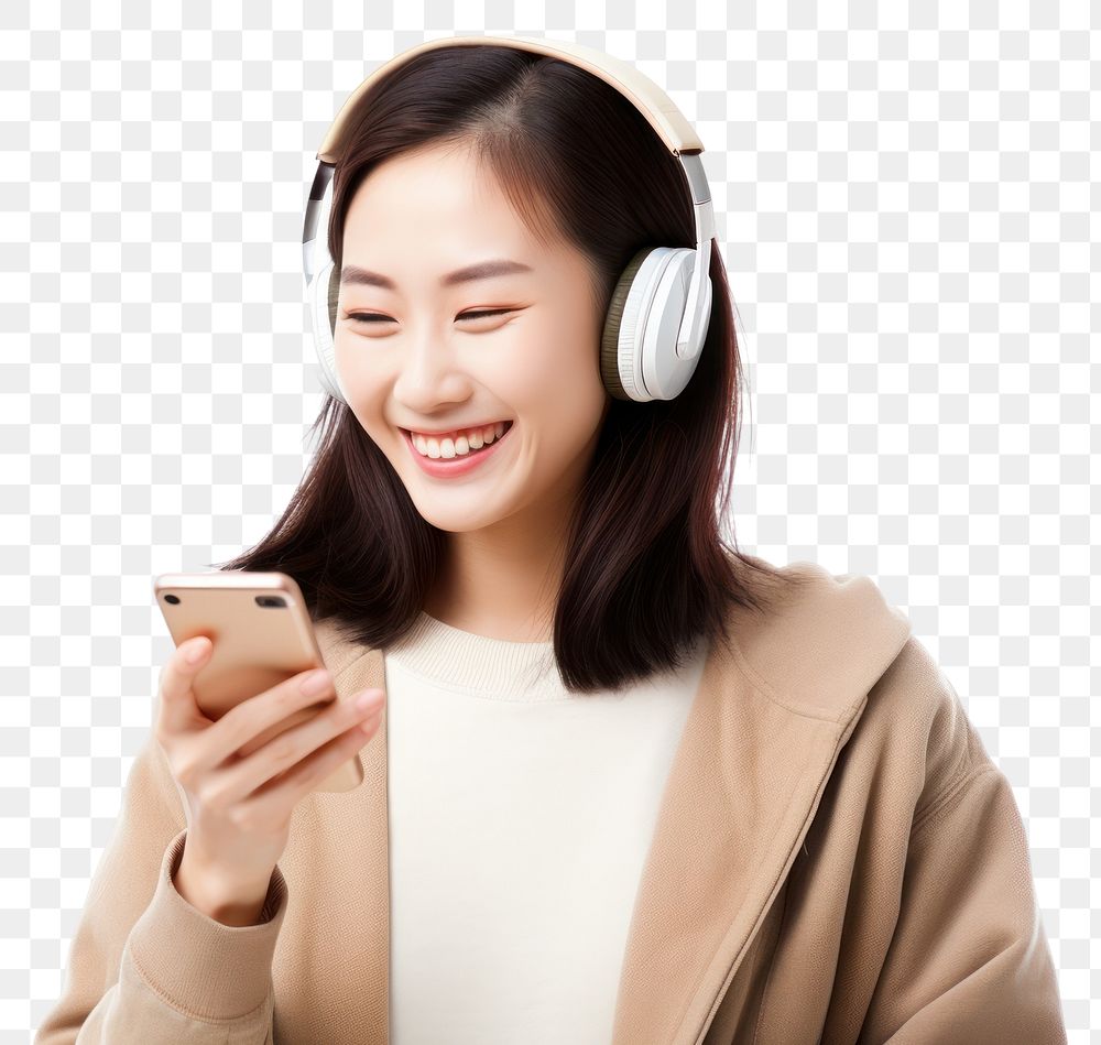 PNG  Young woman wearing headphones and playing phone headset adult photo. AI generated Image by rawpixel.