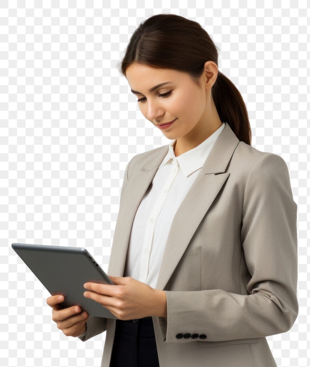 PNG  Young woman and tablet in the hand of an office employee computer blazer adult