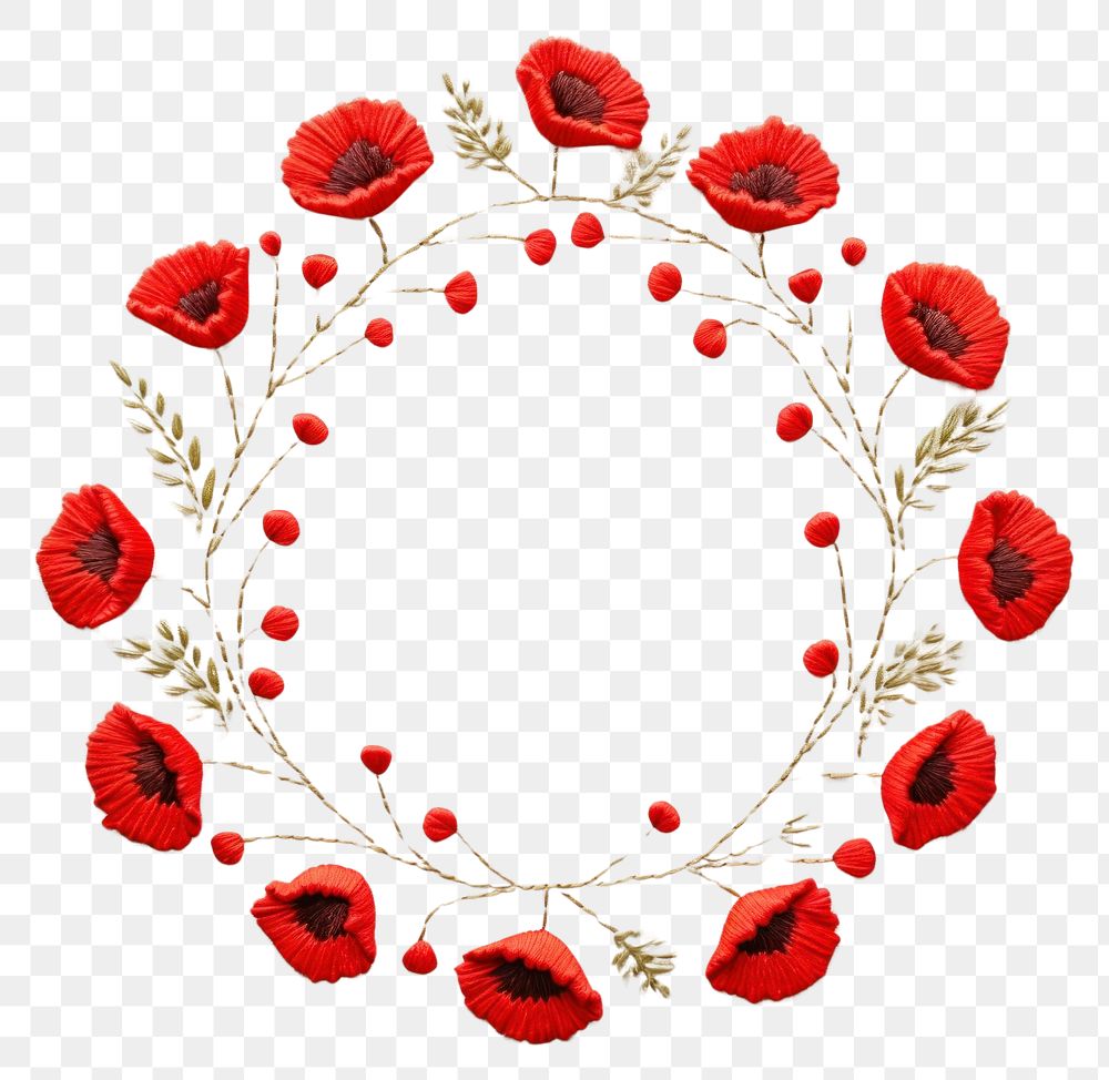 PNG Little red Poppy circle border pattern embroidery wreath. 