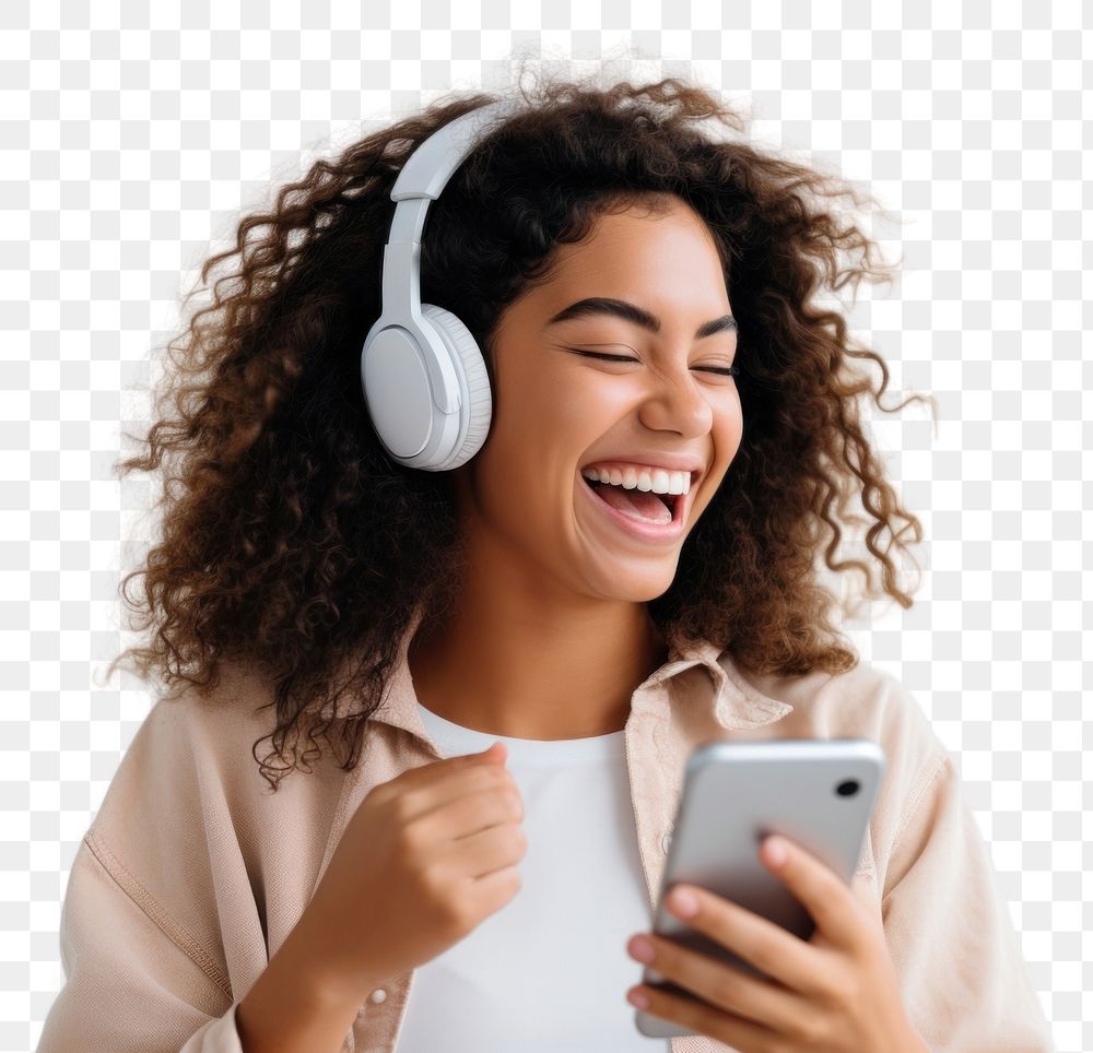 PNG  Young woman wearing headphones and playing phone laughing headset smile. AI generated Image by rawpixel.