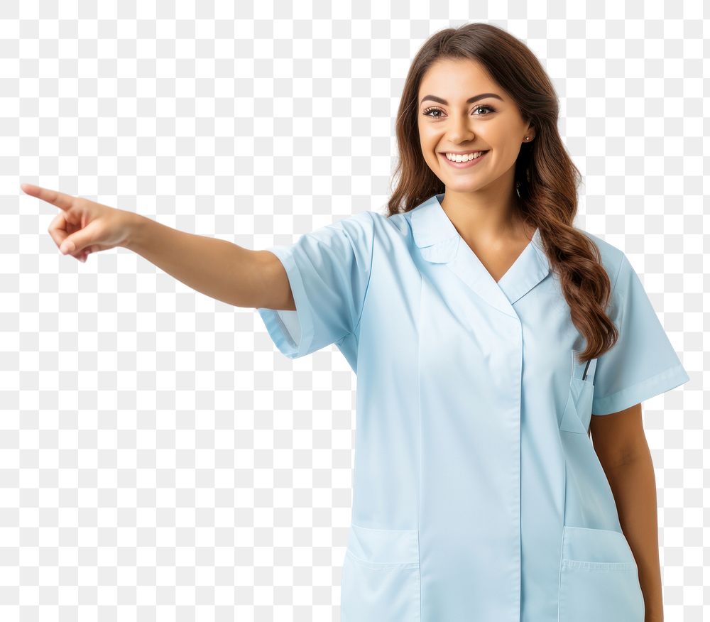 PNG Nurse woman pointing smiling adult. AI generated Image by rawpixel.