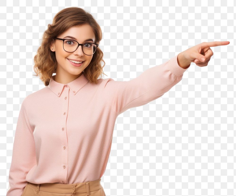PNG  Caucasian woman pointing glasses blouse. AI generated Image by rawpixel.