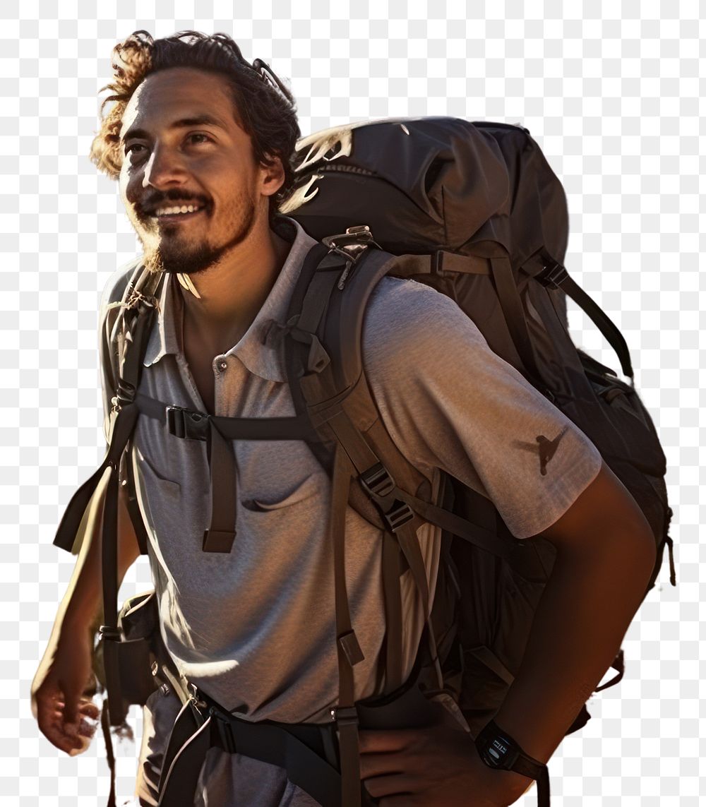 PNG A Latino hiker exploring scenic mountain trails on a summer trek exploration adventure landscape. AI generated Image by…