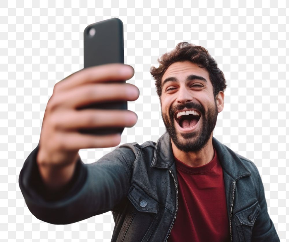 PNG Latino try to selfie with smartphone laughing adult men. AI generated Image by rawpixel.