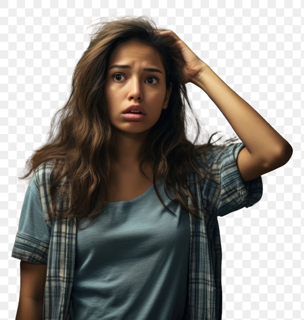 PNG Latina woman choosing product from grocery shelf looking disappointment hopelessness. AI generated Image by rawpixel.