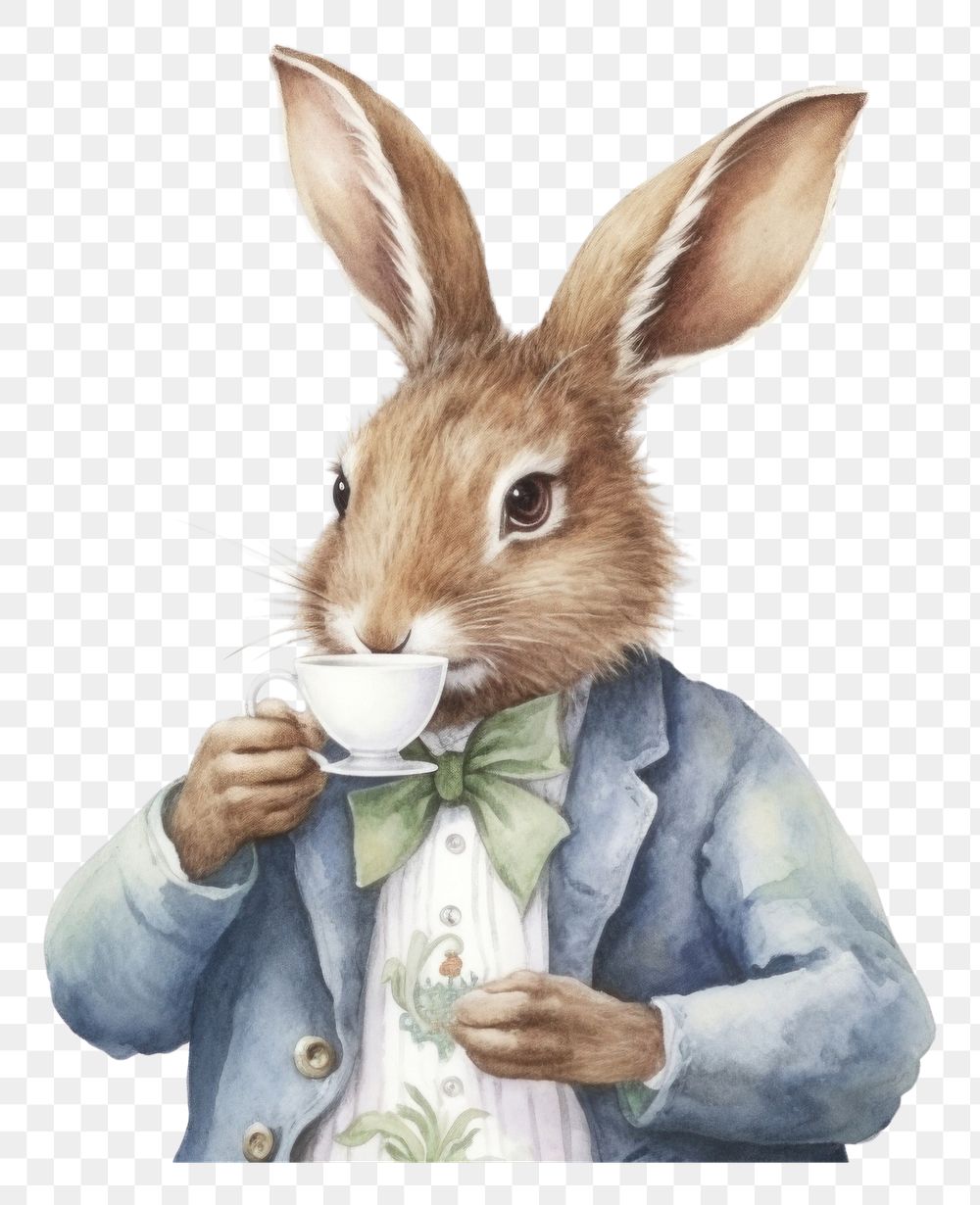 PNG Illustration of rabbit drinking tea rodent animal mammal. AI generated Image by rawpixel.