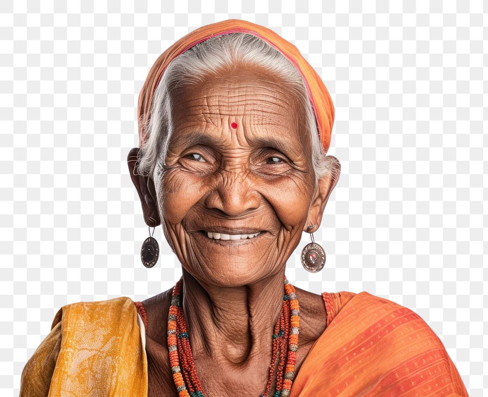 PNG Modern old south asian woman smiling necklace portrait jewelry. AI generated Image by rawpixel.