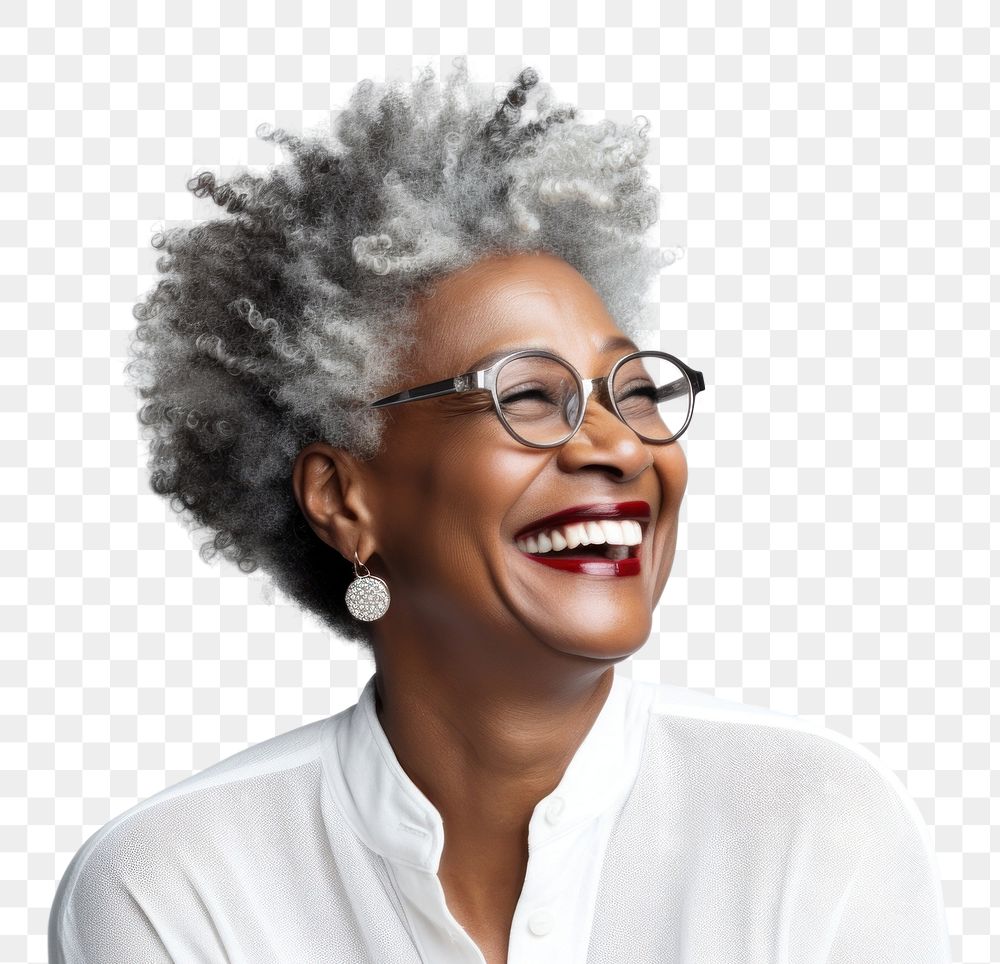PNG Old modern black woman smiling portrait laughing glasses. AI generated Image by rawpixel.