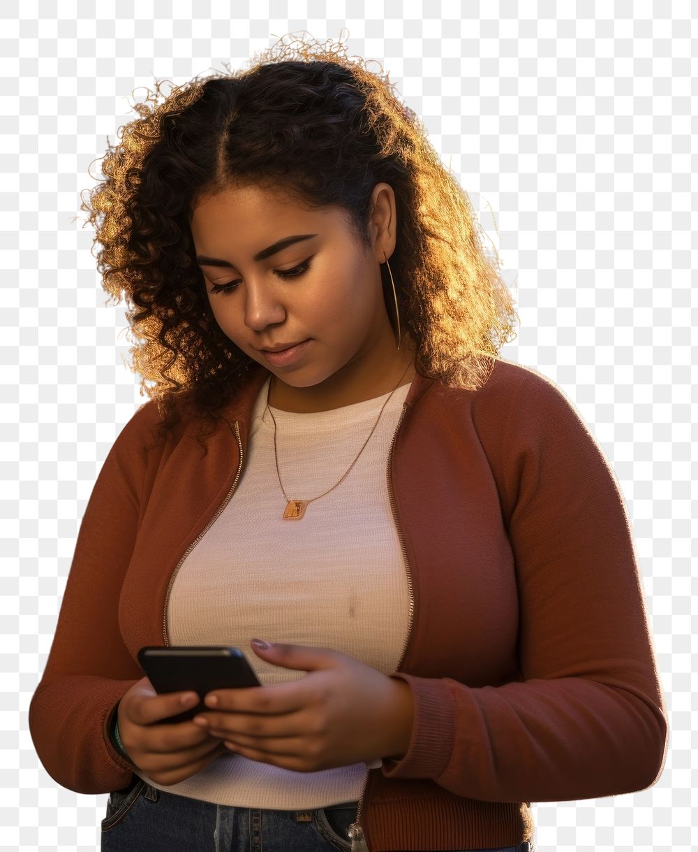 PNG Homely chubby latina texting smartphone transportation architecture portability. AI generated Image by rawpixel.