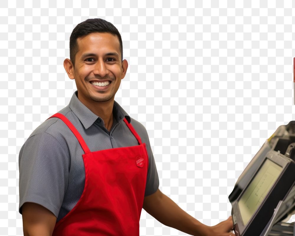 PNG Smiling latino cashier in supermarket adult entrepreneur consumerism. AI generated Image by rawpixel.
