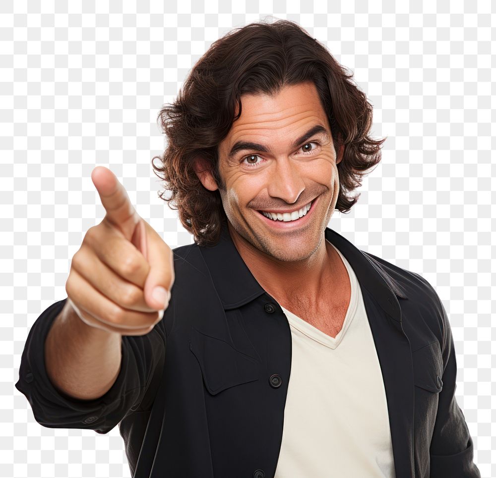 PNG  Smiling man finger pointing portrait. AI generated Image by rawpixel.