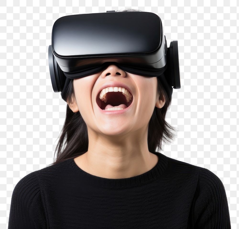 PNG Woman experiencing VR portrait smiling white background. AI generated Image by rawpixel.