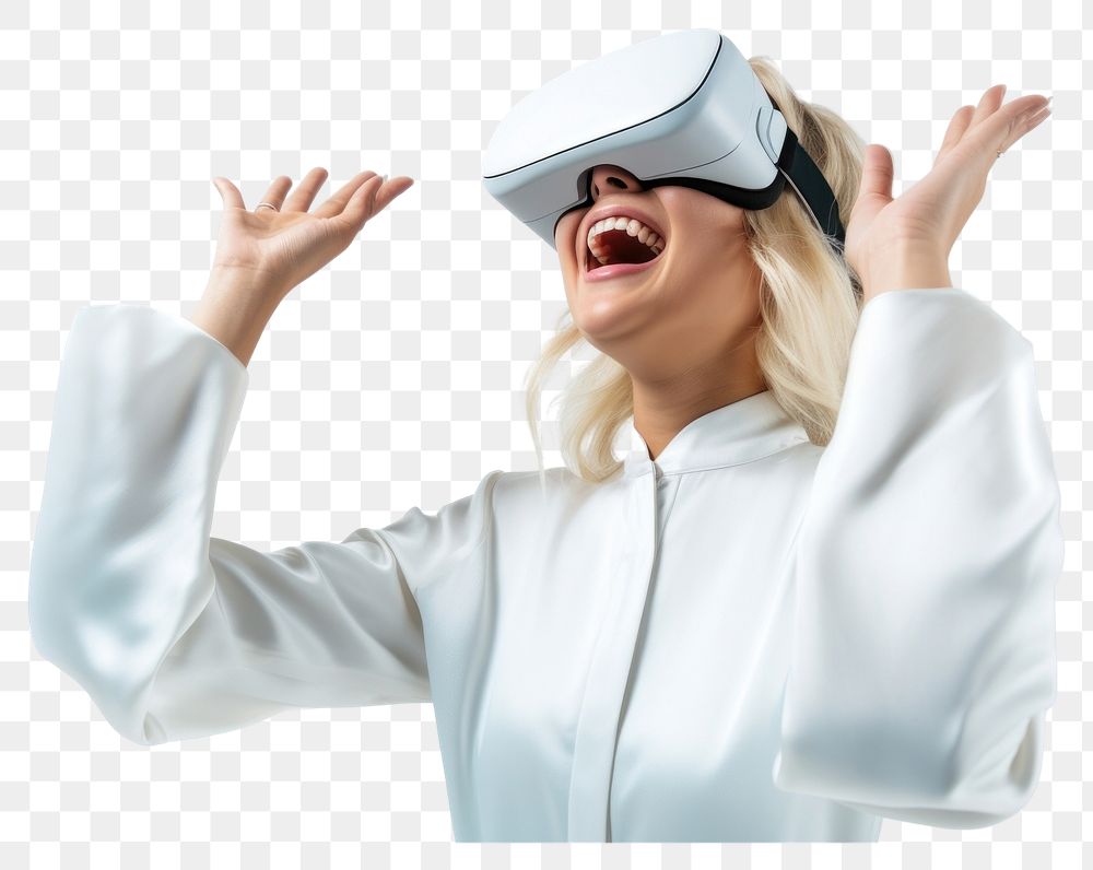 PNG Woman experiencing VR portrait smiling technology. AI generated Image by rawpixel.
