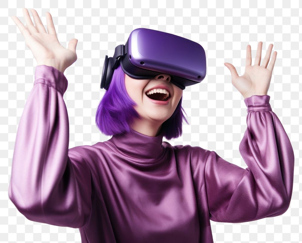 PNG Woman experiencing VR portrait purple smiling. AI generated Image by rawpixel.