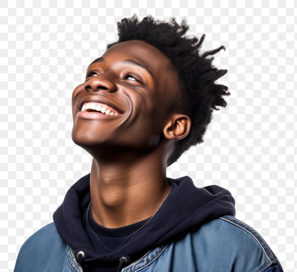PNG Portrait of a smiling black teenager laughing smile white background. AI generated Image by rawpixel.