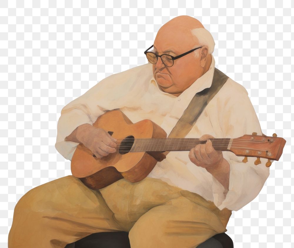 PNG  Chubby old man playing guitar painting art musician. AI generated Image by rawpixel.